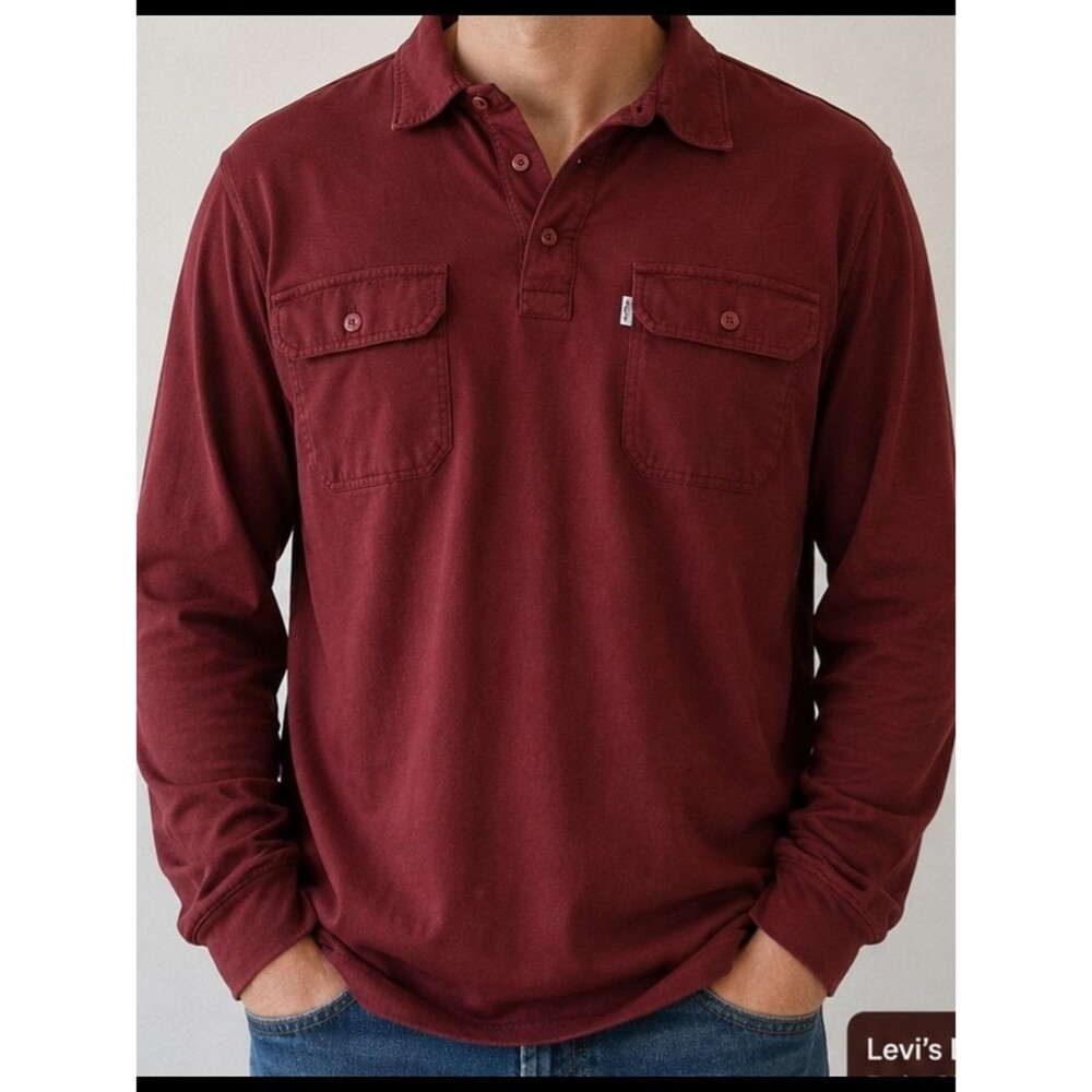 100% Cotton Levi's Red Long Sleeve Polo Shirt Men's Sz L Casual Workwear